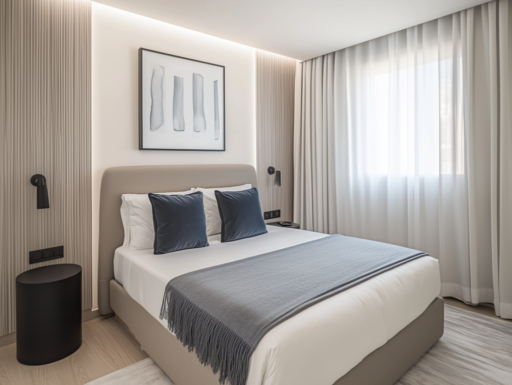 Habitación moderna, cabeceros de madera retroiluminados, Obra JB38, Phos Arquitectos