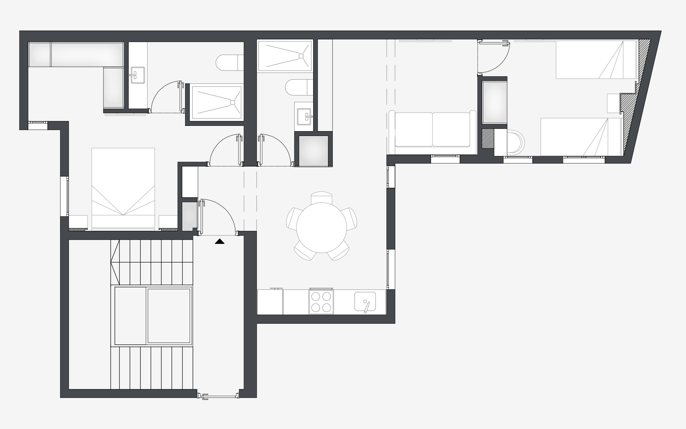 Planta apartamento irregular, plano, Phos Arquitectos, reforma