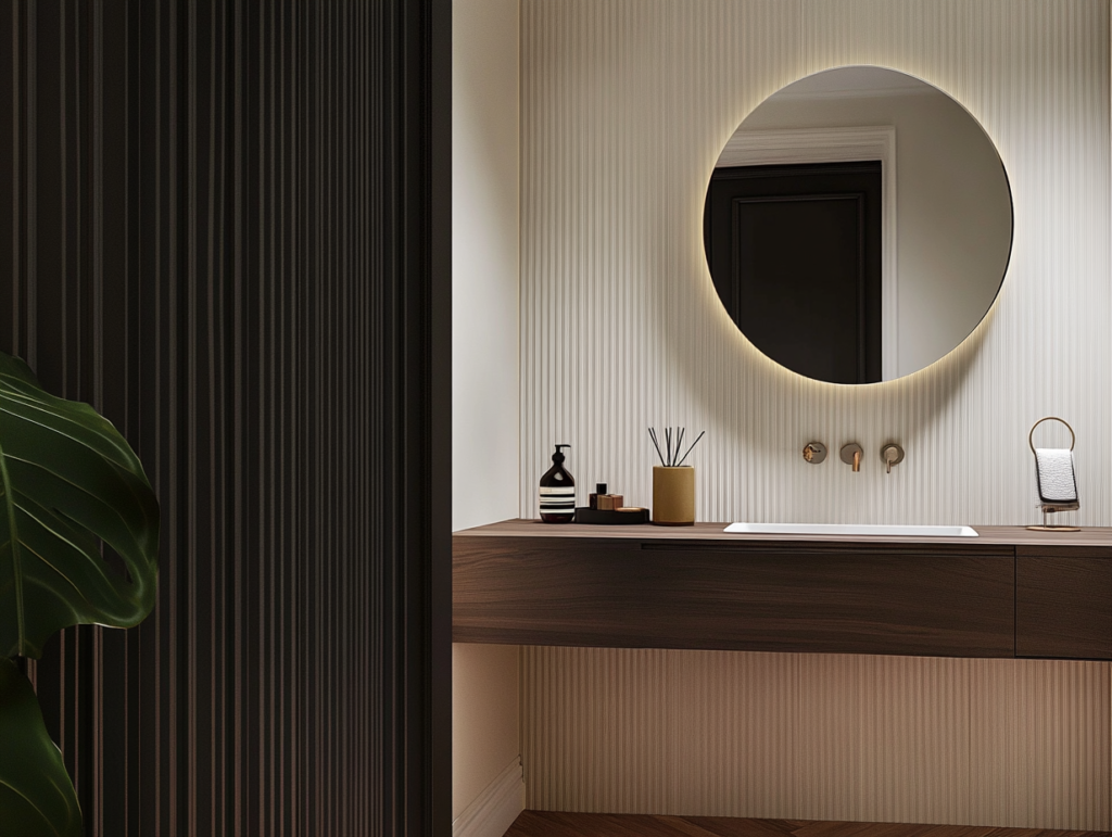 Baño moderno, lavabo y espejo redondo, encimera de madera, obra JB38, Phos Aruitectos